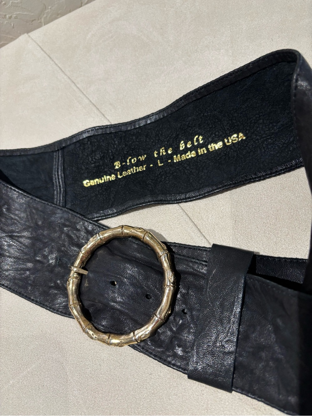 B-Low the Belt Black Leather Wide Belt with Gold Bamboo Ring Buckle